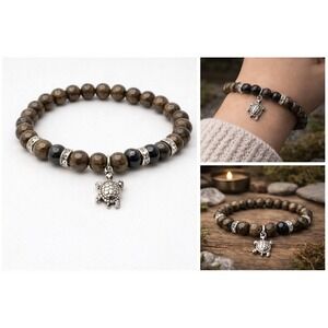 Bronzite and‎ Rainbow Obsidian Bracelet with turtle charm